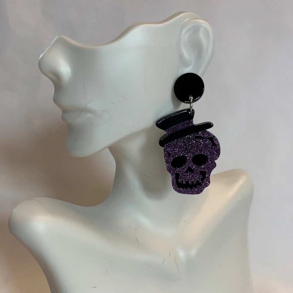NWT! Fun Dark PurpleAcrylic Glitter Skull with Hat Post Earrings!